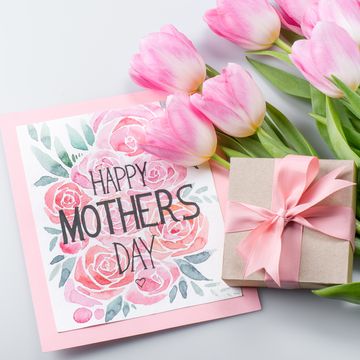 printable mother's day card with abstract pink flowers illustration photographed with pink tulips and gift box