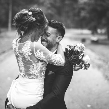 happy bride and groom in black and white that you might caption you're my person, forever for wedding instagram